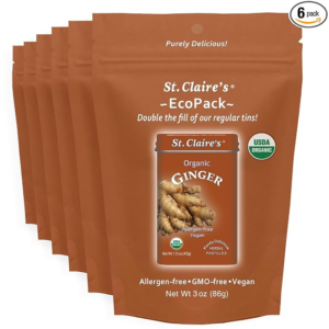 St. Claire’s Organic Ginger Pastilles – 6-Pack EcoPack, 3 oz Each  Certified Organic, Vegan, Gluten-Free, Allergen-Free, Non-GMO, Low Calorie, Plant-Based  Made in USA