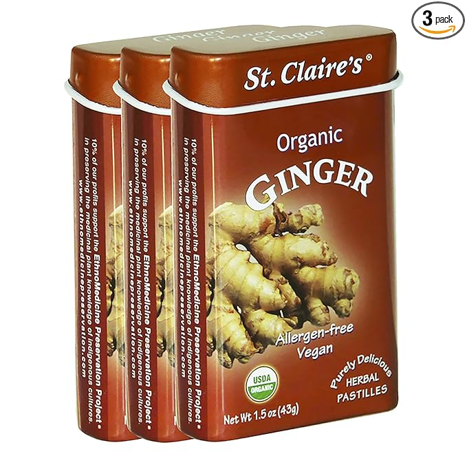 St. Claire's Organic Herbal Pastilles, (Ginger, 1.5 Ounce Tin, Bundle of 3) Gluten-Free, Vegan, GMO-Free, Plant-based, Allergen-Free Made in our Allergen-Free facility